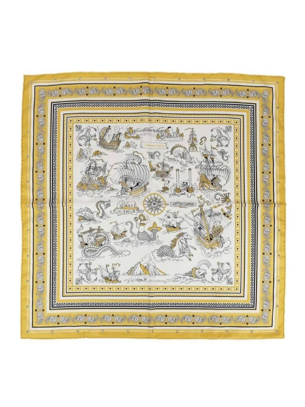 Hermes Heaven Carre 70 Cloete Sailor Tattoo Bandana Scarf Silk Yellow White